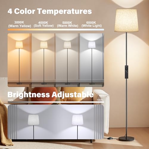 SIBRILLE Floor Lamp with Linen Shade - 62" Dimmable LED Standing Lamp with Remote Control, 9W E26 Bulb Included, 3000-6000K, Modern Floor Reading Light for Bedroom Living Room Office Corner, Black - color: Beige