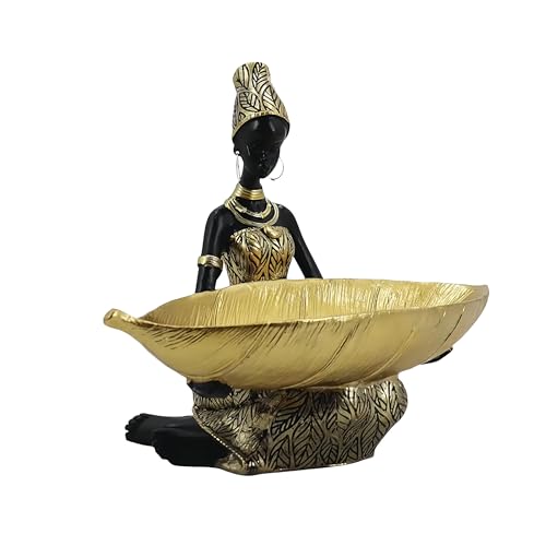 African Sitting Woman Leaf Bowl Statue – Tribal Resin Figurine for Candy Dish, Key Holder, Vanity Tray, African Decor Gift - color: 314gold