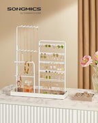 SONGMICS Jewelry Holder, Jewelry Storage Organizer Stand with Metal Frame, Velvet Tray, 12.1 to 18.7 Inches Tall Height Adjustable Necklace Holder, for Rings, Earrings, Matte White UJJS026W01 - color: Matte White