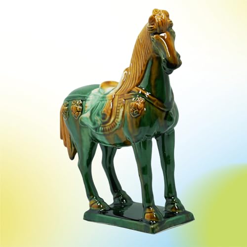 Handmade Tang Dynasty Tri-Color Horse Ceramic Sculpture - 19cm Traditional Chinese Cultural Art Decor - Symbol of Prosperity & Good Fortune - Perfect for Home, Office, Bookcase Shelf (Green) - color: Green