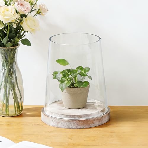 6" Wide Glass Hurricane Candle Holders with Handmade Sturdy Glass Sleeves and Distressed Brown Wood Base for Pillar Candle & Plants, Industrial, Farmhouse, Display Cloche Bell Jars, Table Centerpiece - color: Rustic Brown, size: 6"x7.5"