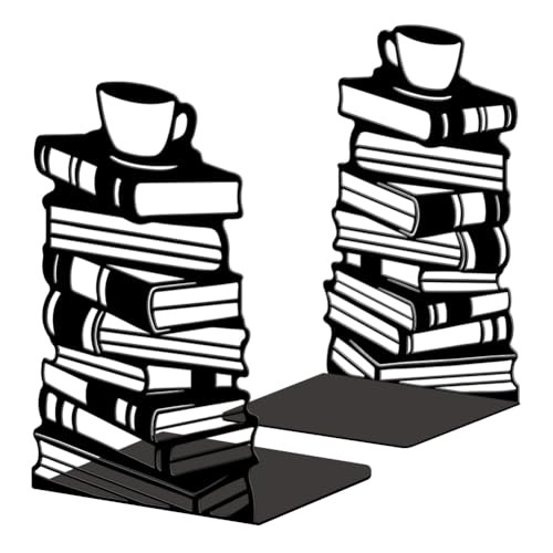 Peacoblue Metal Bookends for Shelves, Modern Decorative Heavy Duty Study Book Ends Stoppers for Office, Desk, Shelf, Room 5.3"x4.3"x7.9" Cast Iron Simple Tall Bookends 1 Pair (Book Stacks and Teacup) - style: Book Stacks and Teacup