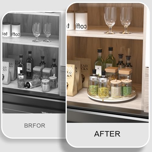 12" Wooden Lazy Susan Turntable for Cabinet – Round Rotating Spice Rack Organizer, White Kitchen Countertop Tray for Dining Table & Pantry Storage (White & Gold) - color: White & Gold, size: 12