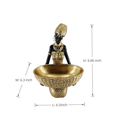 African Tribal Resin Statue - Handcrafted Gold Accent Figure with Bowl, Ethnic Home Decor Art Piece for Shelf & Table Display, Bohemian Gift Idea - color: 301gold