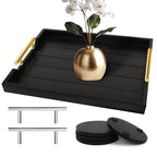 SXNOWS Coffee Table Trays - Large Ottoman Tray for Living Room -Wood Serving Tray with 2 Sets of Handles - Wooden Tray for Coffee Table, 4 Round Coasters Included, Black - color: Black