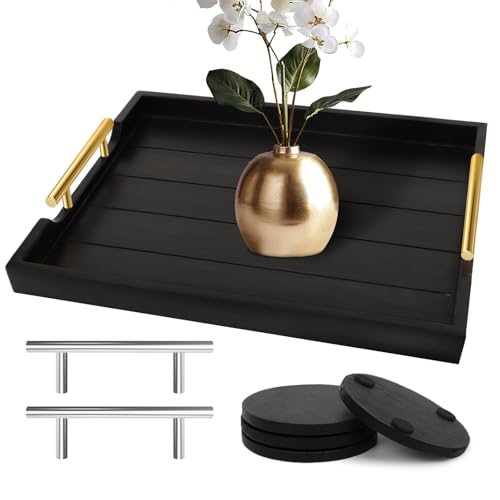 SXNOWS Coffee Table Trays - Large Ottoman Tray for Living Room -Wood Serving Tray with 2 Sets of Handles - Wooden Tray for Coffee Table, 4 Round Coasters Included, Black - color: Black