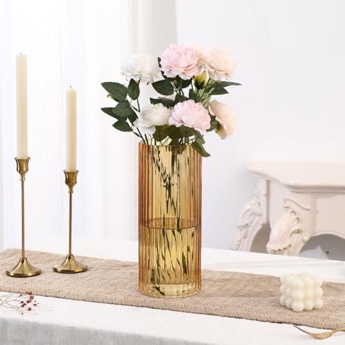 Amber Glass Vase for Flowers, Ribbed Glass Vases, Tall Glass Vases for Tulips, Modern Glass Vase for Living Room, Dining Table, Office, Wedding, Bookshelf, 12 Inches - color: Amber, size: 12''