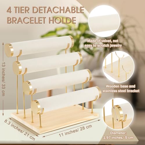 Wenqik 4 Tier Detachable Bracelet Holder Bracelet Display Stand Beige Velvet Jewelry Organizer Displays for Bangles Necklace Watches Scrunchies Hair Ties (Beige) - color: Beige, size: 13 x 11 x 8.3 Inch