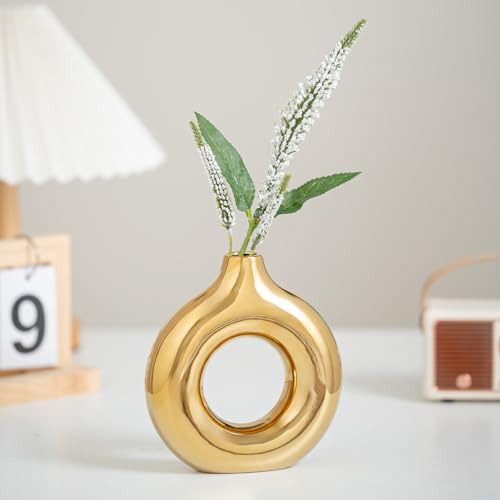 White and Gold Donut Vase, Modern Ceramic Vase for Pampas Grass, Perfect Centerpiece for Weddings, Living Room, and Office Decor (Full Gold, S) - color: Full Gold, size: Small