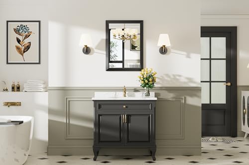 Briivue 22x30 Inch Black Bathroom Mirror for Wall, Thick Metal Framed Rectangle Mirrors for Over Sink, Bedroom, Living Room, Entryway, Anti-Rust, HD Tempered Glass - color: Black, size: 22"L x 30"W