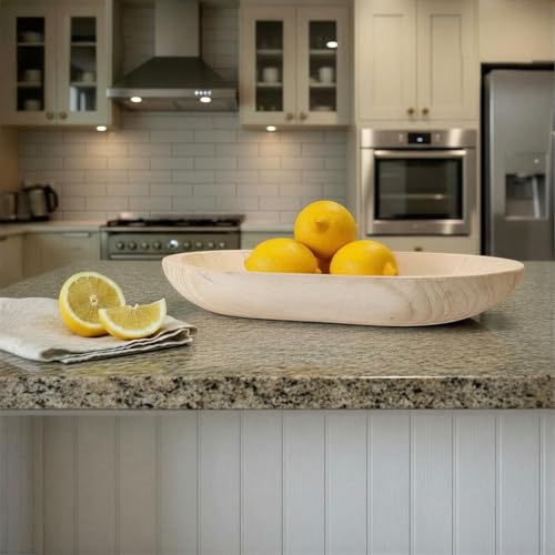 BOLTCORRSE Large Whitewashed Decorative Wood Bowl - Hand Carved Paulownia Tray for Coffee Table Centerpiece & Entryway Catchall - Organic Modern Farmhouse Decor