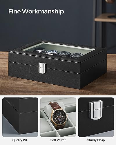 SONGMICS Watch Box, 10-Slot Watch Case Organizer with Large Glass Lid, Removable Pillows, Gift for Loved Ones, Black Synthetic Leather, Gray Lining UJWB010BK - color: Black + Gray, size: 10 Slot