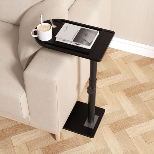 YUHFERA 360° Rotatable Sofa Tray Table for Couch Arm - Height Adjustable End Table for Bed or Chair with Phone & Tablet Slots, TV Tray Table, Side Table Tray for Small Spaces（Black,Arc） - color: Black