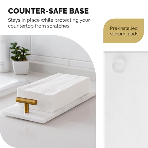 Marble Guest Towel Tray – Luxury Countertop Napkin Holder for Bathroom & Vanity, Real Natural Stone with Brass Handles, Includes Marble Care Cloth