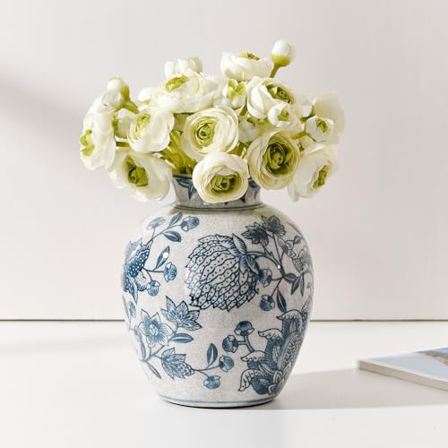 SIDUCAL Ceramic Chinoiserie Floral Vase | 6.3 Inch Blue and White Vintage | Retro Ice Cracked Blue and White Porcelain Vase for Table, Living Room, Bathroom Decoration, Shelf Decor, Mantel - color: 18443-blue and White