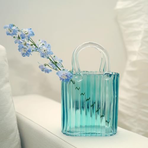 10.8" Modern vase, Transparent Blue Glass Striped Handbag vase, Home Decoration. Elegant Handbag, Suitable for Bedroom, Living Room and Home Decoration- Blue - color: Vertical Patterned Vase - Blue