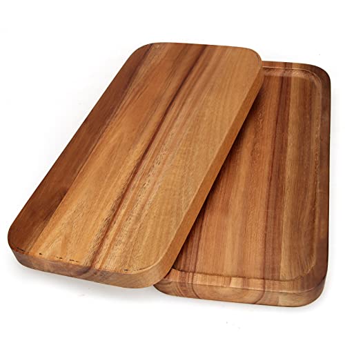 2 Pcs Rectangular Serving Platters for Food Dish Party Wooden Charcuterie Boards 14" x 7" Acacia Wood Trays for Kitchen Counter Decor Rectangle Dessert Plates Cheese Board Snack Appetizer Platter - size: 14" x 7"