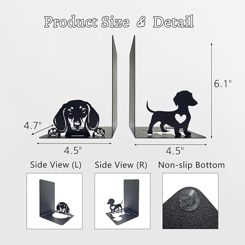 Dachshund Theme Bookends Decor – Dachshund Gifts with Black Modern Bookends, Decorative Bookends for Shelves – Unique Bookends for Kids, Beautiful Book Stopper for Shelves (Dachshund) - color: Dachshund