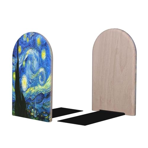 Starry Sky L-Shaped Book Ends 1 Pair Wood Bookends Van Gogh Book End Supports for Heavy Book Shelf Holder Home Decorative - color: Starry Sky