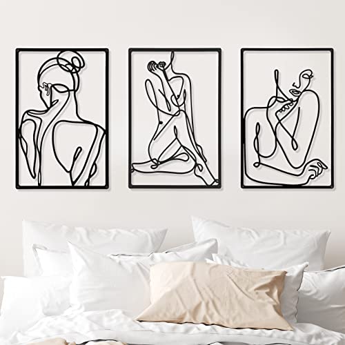 CHENGU 3 Pieces Metal Minimalist Abstract Woman Wall Art Line Drawing Wall Art Decor Single Line Female Home Hanging for Kitchen Bathroom Living Room - style: Vibrant Style