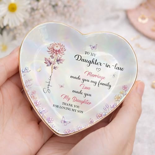 Personalized Heart Shape Jewelry Dish for Daughter-in-Law, Ceramic Trinket Tray Ring Holder With Custom Birth Flower, “Marriage Made You Family, Love Made You My Daughter” Keepsake - color: Daughter In Law 129