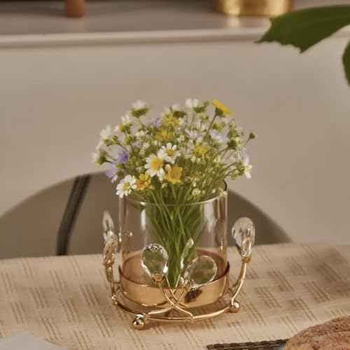 Gold Hurricane Candle Holder with Crystal Accents & Windproof Glass Lid - Elegant Gold Pillar Candle Holder for Wedding, Dinner & Party Table Decor - size: Medium