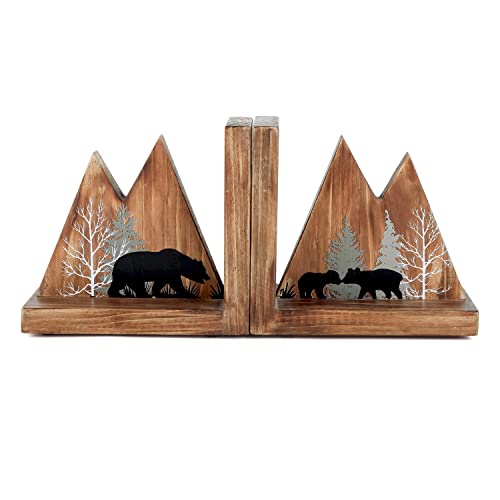 NIKKY HOME Heavy Duty Non Slip Rustic Woodland Mountain Wood Bookend Cute Bear Book Ends Book Stoppers for Cabin Decor Home and Office Shelves Children - color: Bear