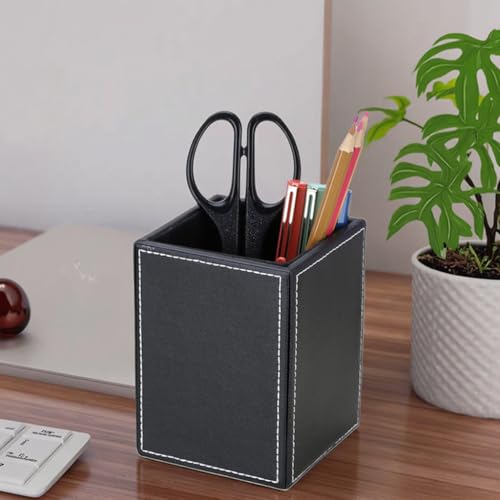 KINGFOM PU Leather Square Pens Pencils Holder Cup Desktop Stationery Organizer Case Office Accessories Container Box (black) - color: Black-s