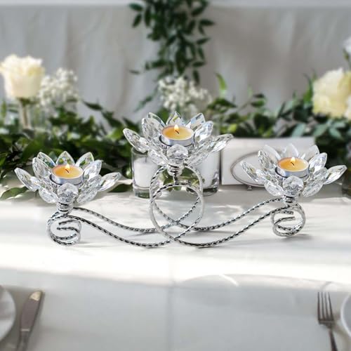Siver Crystal Metal Tea Light Candle Holder Set, 3-Arm Flower Shaped Crystal Votive Candlestick Holders for Table Centerpiece, Wedding Shower, Party and Home Decor - color: Silver, size: 3 arm