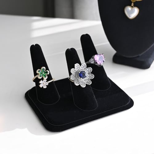 MOOCA 2 Pcs Set 3-Ring Organizer for Showcase Display Ring Finger Holder Jewelry Display Stands Showcase Jewelry Storage Counter, Black Velvet, 4 W x 3 1/4D x 2 3/8H inch - color: Black Velvet, 3 Rings x 2