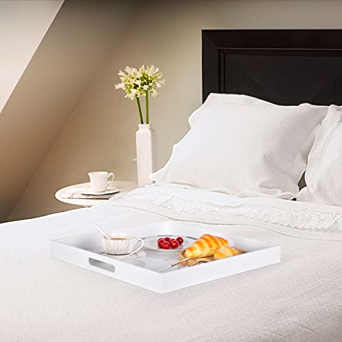 White Acrylic Large Ottoman Tray with Handles 18"x18"x2" Spill Proof Serving Tray Rubber Boot Organizer Tray Decorative for Living Room Bedroom Kitchen Entryway Coffee Table Countertop - color: White, size: 18" x 18" x 2"