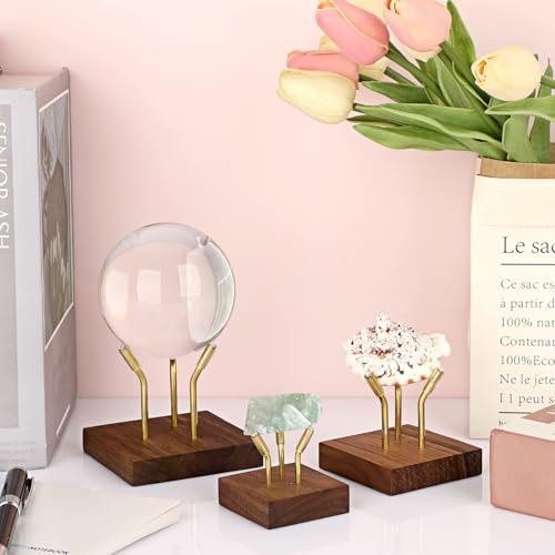 Hipiwe Sphere Display Stand Easel for Crystal Ball Mineral Geodes Rock Agate Small Collectibles Three Metal Peg Rock Display Easel with Wooden Base, Large - size: Large