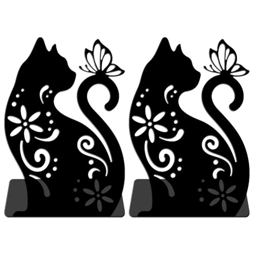 WADORN Cat Flowers Metal Bookends for Shelves Decorative 1 Pair, Animal Heavy Duty Books End Support Non-Skid Book Holder Black L-Shaped Book Stopper for Home Office Desk Book Divider, 4.7x3.5x7 Inch - color: Floral Cat