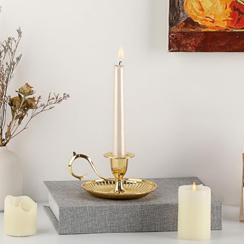 OwnMy 1 Vintage Candlestick Holder Decor, Antique Brass Taper Candle Holder with Carry Handle and Candle Drip Catcher Tray, Eleagnt Taper Candle Stand for Wedding Dining Table Centerpiece, Gold - color: Gold