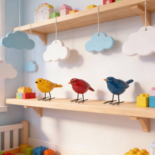 DiliComing Bird Figurines Home Decor - 3 Pcs Small Resin Animal Statues, Decorative Colorful Birds Sculpture for Shelf Desk Garden Decorations, Gift for Bird Lover