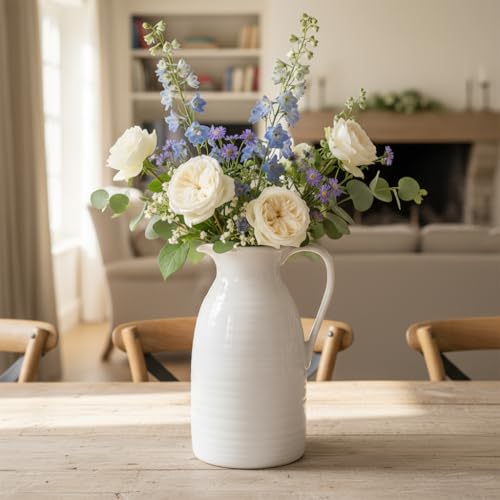hjn Farmhouse Pitcher Vase for Flowers- Ceramic Pitcher White Flower Vase for Your Kitchen/Home Decor/Office/Living Room/Bookshelf/Mantel/-White - color: White - Pitcher Vase