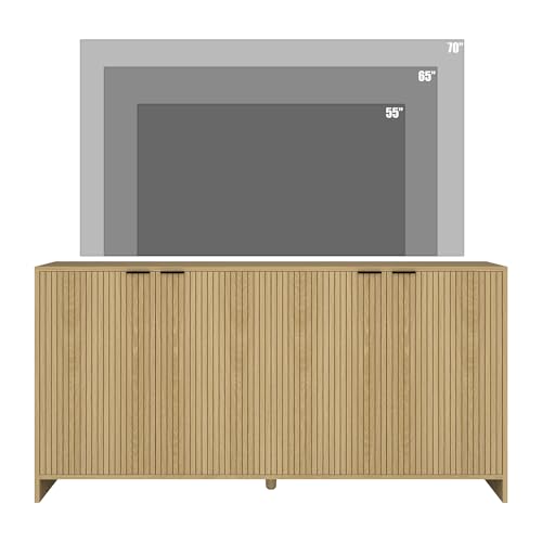 BVIUNTWO Fluted TV Stand for TVs up to 70", Modern TV Console with Storage Cabinet, Entertainment Center with Adjustable Shelves & 4 Doors for Living Room, Natural Oak