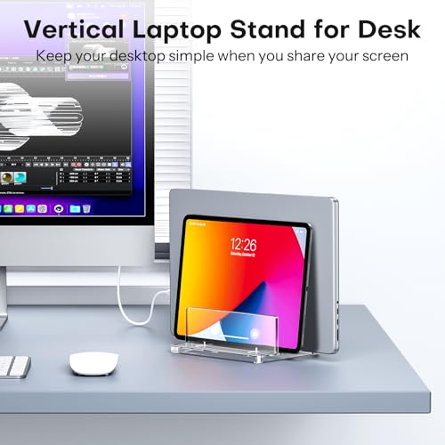 OMOTON Vertical Laptop Stand for Desk, Acrylic Dual Laptop Holder Desktop Clear Adjustable Dock for MacBook Pro Air, HP, All Gaming Laptops up to 17” (Clear, Dual Slot) - size: Dual-Clear