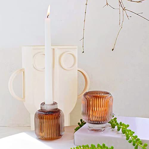Woho Votive Candle Holders for Wedding Centerpieces, Tealight Candle Holder Set of 2, Glass Votive Candle Holder Bulk for Home Decor(Brown, 3.5'' Tall 3.1'' Diameter) - color: Brown