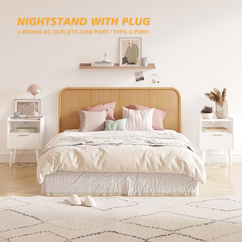YAUKOMEL Fluted Nightstand with Charging Station, Modern Bedside Table with Drawer,White Nightstand with Solid Wood Legs, End Table,Side Table for Living Room,Bedroom White CTG57WE - color: White With Charging Station
