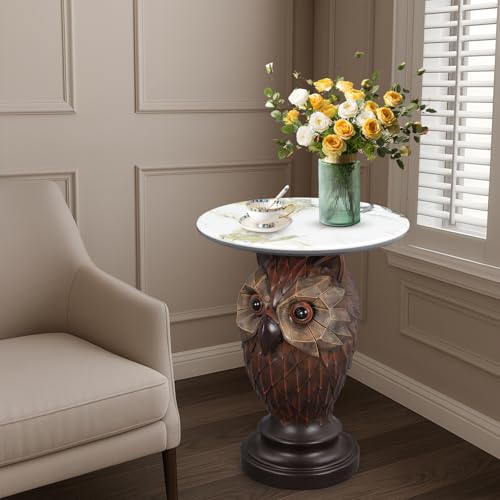 Owl Side Table, Round End Table with Faux Marble Top, Resin Owl Statue Base, Unique Animal Accent Table for Living Room, Bedroom, Nursery, Rustic Brown 22.83“ Tall 17.17" Height - style: OWL Table