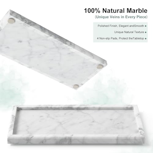 Natural Marble Vanity Tray, Luxury Stone Organizer for Bathroom & Kitchen Counter | Holds Soap Dispenser, Jewelry, Perfume | Non-Resin, Non-Ceramic Décor - color: White, size: 11.8" x 5.1" x 0.8"