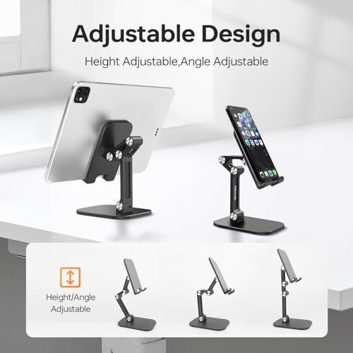 Foldable Phone Stand for Desk - Adjustable Height & Angle Cell Phone Holder, Portable Tablet Stand with Anti-Slip Base for Home, Office, and Travel, Compatible with iPhone & All 4-11" Devices (Black) - color: Black