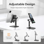 Foldable Phone Stand for Desk - Adjustable Height & Angle Cell Phone Holder, Portable Tablet Stand with Anti-Slip Base for Home, Office, and Travel, Compatible with iPhone & All 4-11" Devices (Black) - color: Black