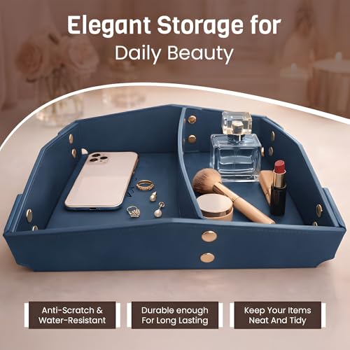 Valet Tray Organizer for Men & Women - PU Leather Catch All Tray with Removable Divider - EDC Storage for Keys, Watch, Phone - Nightstand, Dresser & Desk Organizer - Pacific Navy - color: Pacific Navy