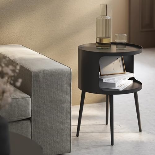 Modern Side Table,Round end Table with Open Storage,Metal nightstand,Bedside Table for Living Room,Bedroom - color: Black-round