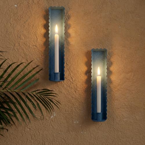 Blue Wall Candle Sconces Set of 2, Scalloped Edge Box-Shaped Cast Iron Farmhouse Church Holders for Taper Candles, Wall Mounted Rustic Candle Sconce for Living Room, Dining Room Decor - color: B-blue