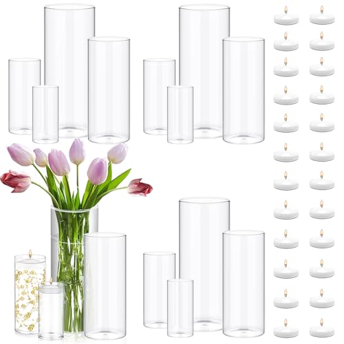 Set of 16 Pcs Glass Cylinder Vases for Centerpieces with 24 Pcs White Floating Candles for Centerpieces Glass Candle Holder for Table Shelf Wedding Party Home Decor (4"+6"+8"+10") - size: 16 SET