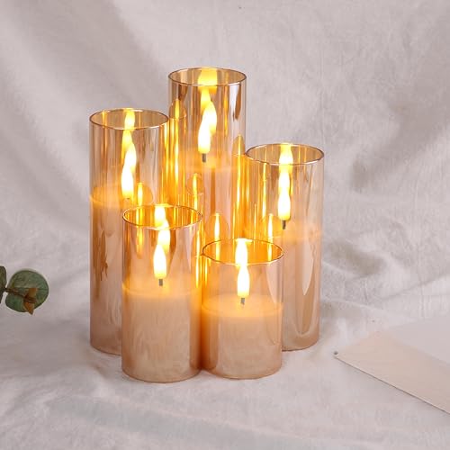 Eywamage 5 Pack Gold Glass Flameless Candles with Remote, Flickering Slim Tall LED Pillar Votive Candles Battery Included - color: Gold