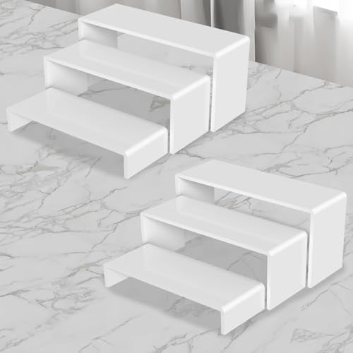 6 PCs Risers Display Stands 3 Tiers Desktop Acrylic Shelves Cake Dessert Holder Products Stand for Collectibles Shoes Jewels Pop Figure (White) - color: White